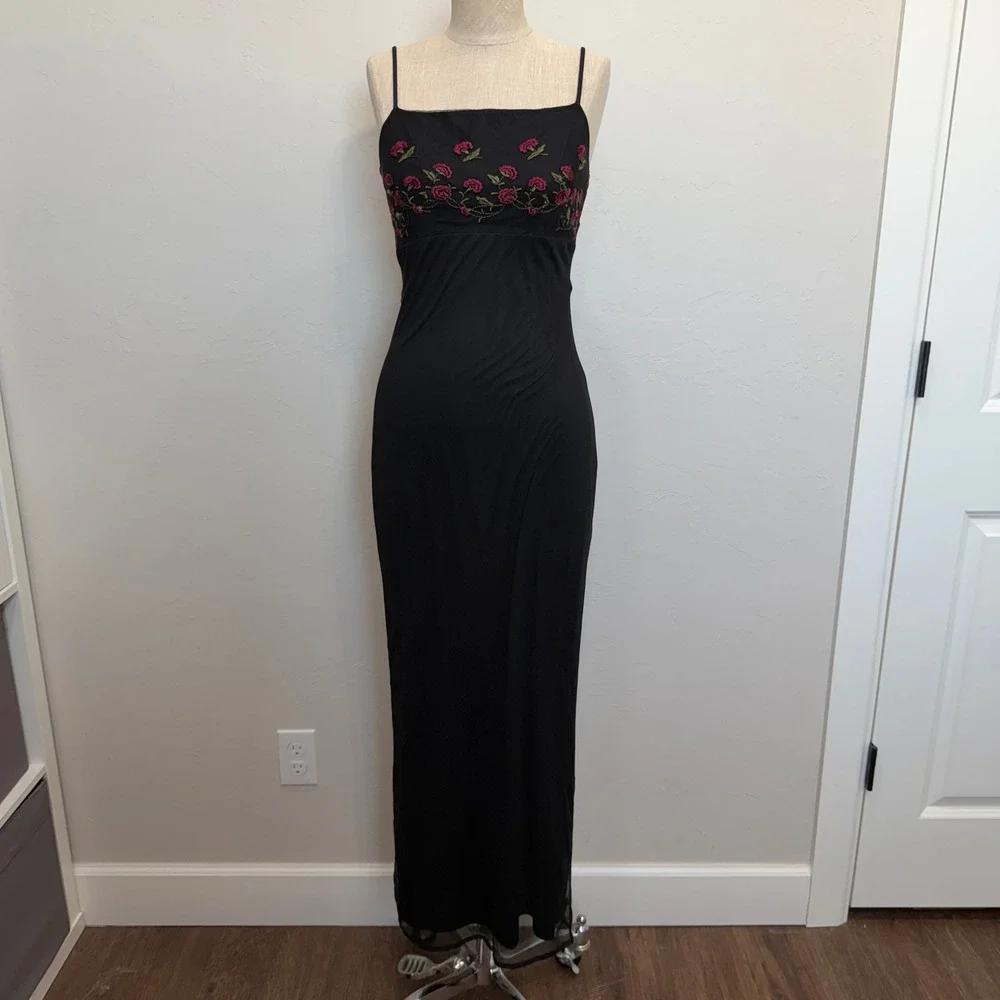 Vintage Monster Girl Medium Maxi Dress Black Rose Floral Mesh Overlay 90s Goth